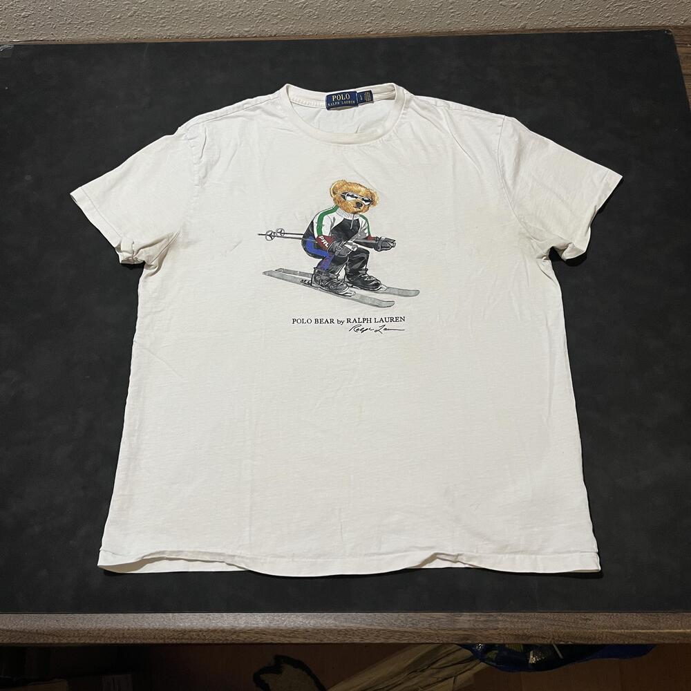 Polo Ralph Lauren Polo Bear Skiing Shirt Mens Large White Graphic Vintage Shirt